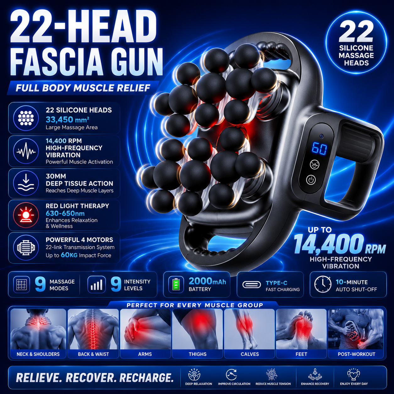 Comfave Deep Tissue Massage Gun - Percussion & Heat Therapy - NEW VERSION 22 HEAD
